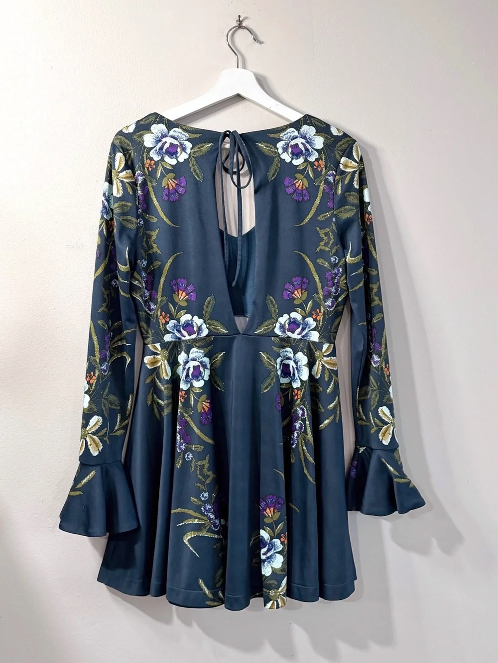 Free People Women M Teal Floral Bell Sleeve Mini Dress Open Back Boho Festival